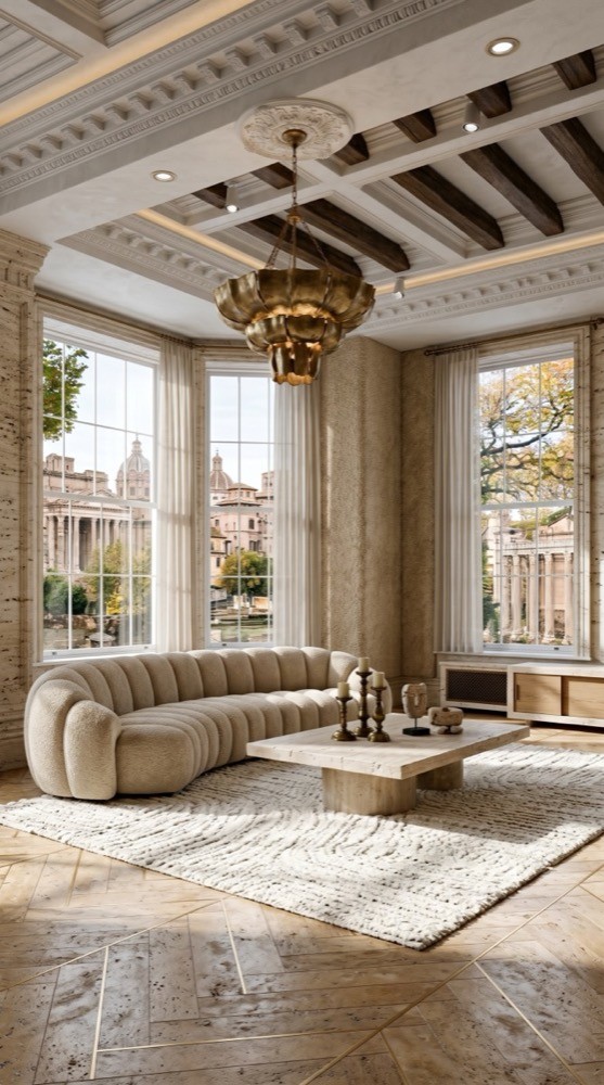 Luxe bouclé travertine living room with soft stone textures and tactile seating