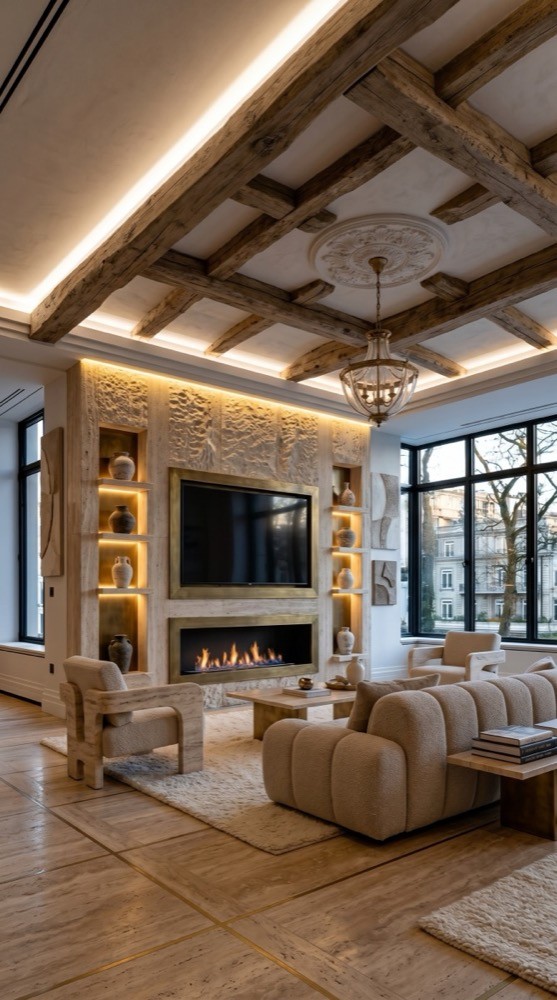 Luxe bouclé travertine media wall with stone fireplace and soft furnishings