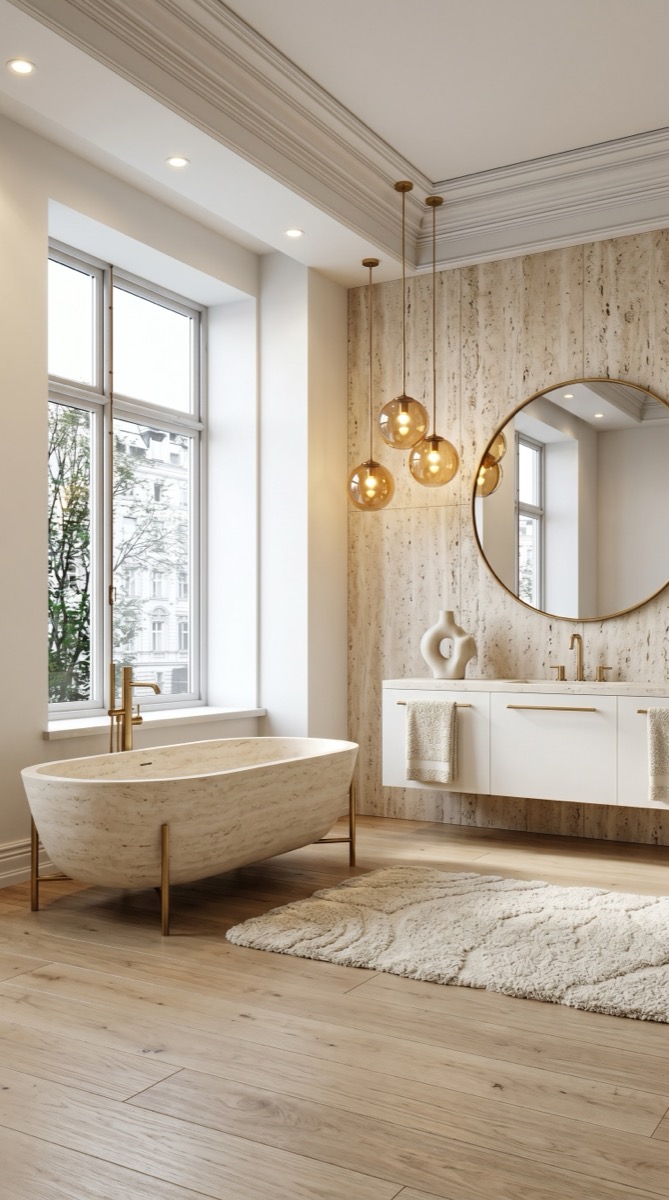 AI-generated Modern Boucle Travertine bathroom with cream travertine bathtub with thin brass legs, white lacquer vanity, and brass globe pendants