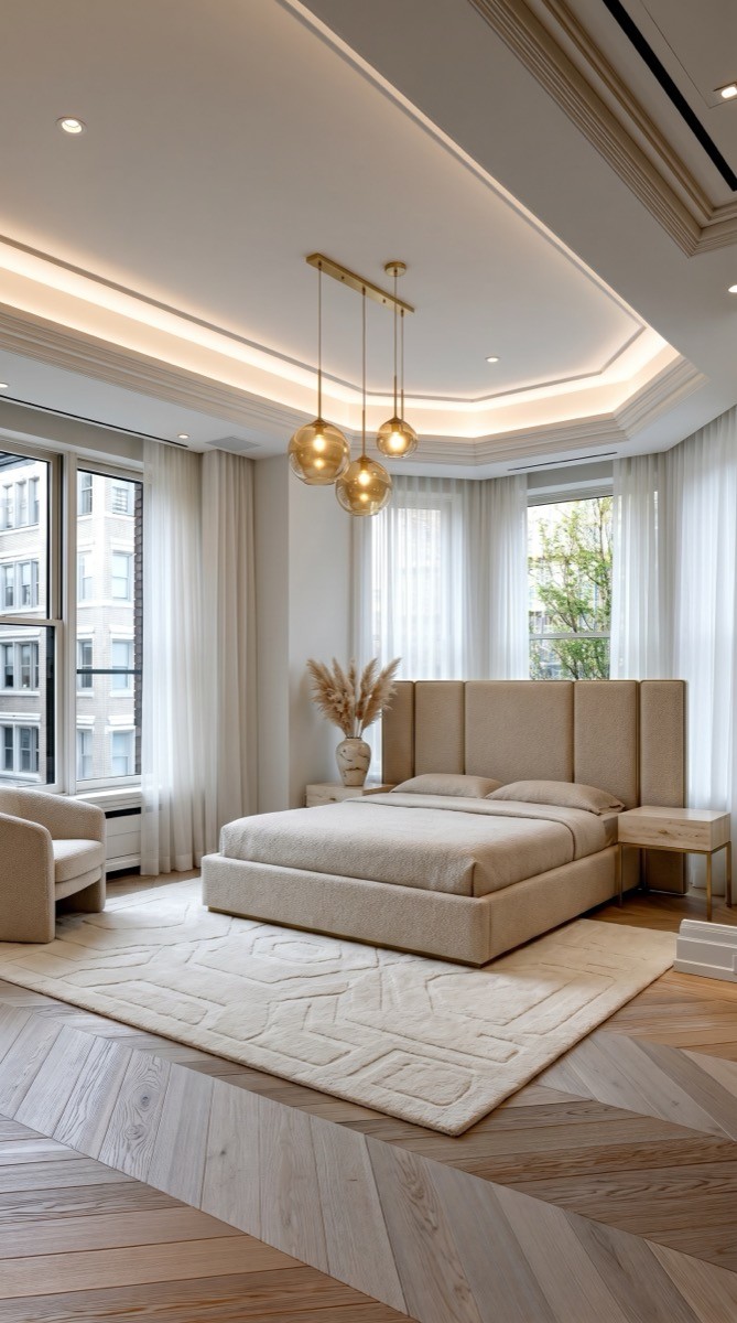 Modern bouclé travertine bedroom with sculptural stone, soft seating, and neutral textures