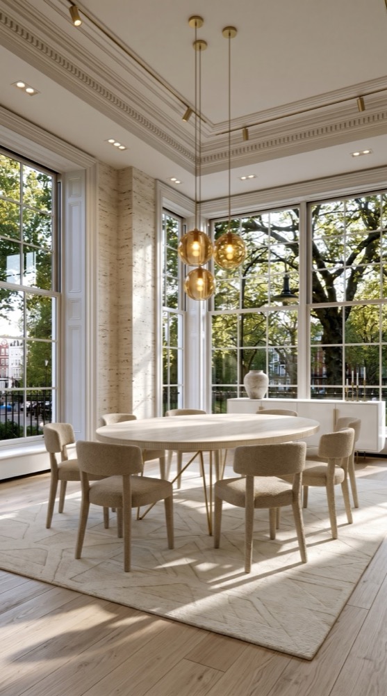 AI-generated Modern Boucle Travertine dining room with cream travertine table with thin brass legs, boucle chairs with clean lines, and brass globe pendants