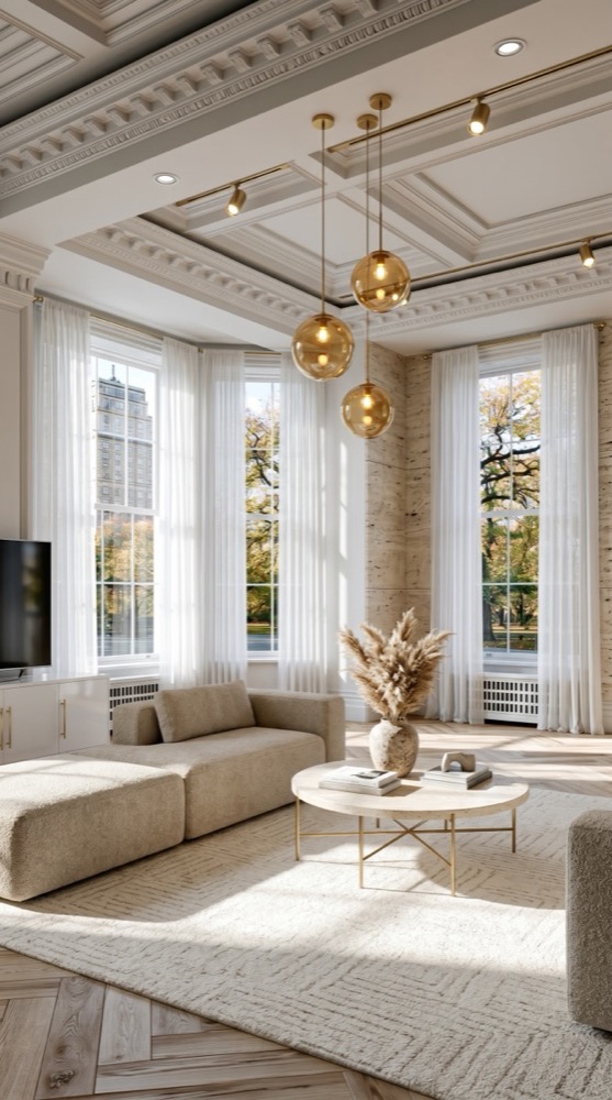 AI-generated Modern Boucle Travertine living room with clean-lined boucle sofa, cream travertine coffee table with thin brass legs, and brass globe pendants