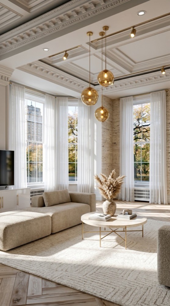 Modern bouclé travertine living room with stone textures and soft seating
