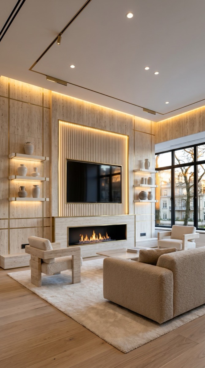Travertine TV wall with fluted centre panel, linear fire and boucle furniture in soft neutral tones