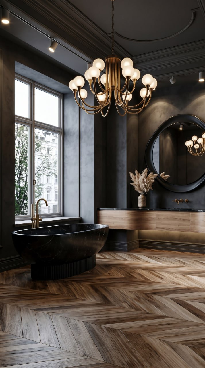 AI-generated Classic Dark Blush bathroom with black marble bathtub, sculptural brass fixtures, and deep charcoal walls
