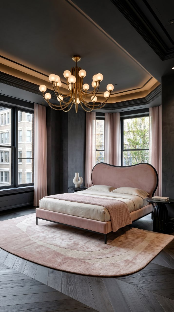 AI-generated Classic Dark Blush bedroom with blush pink velvet bed, black marble nightstands, sculptural brass chandelier, and deep charcoal walls