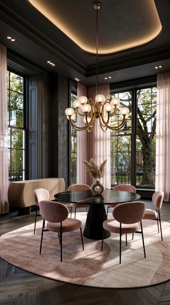 AI-generated Classic Dark Blush dining room with black marble table, blush pink velvet chairs, sculptural brass chandelier, and deep charcoal walls