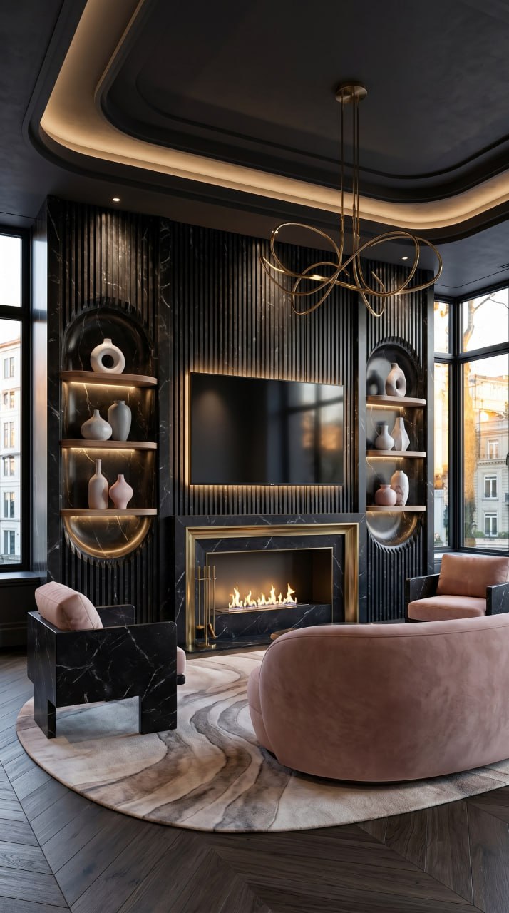 AI-generated Classic Dark Blush media wall with black marble panels, sculptural brass, blush pink velvet sofa, and deep charcoal walls