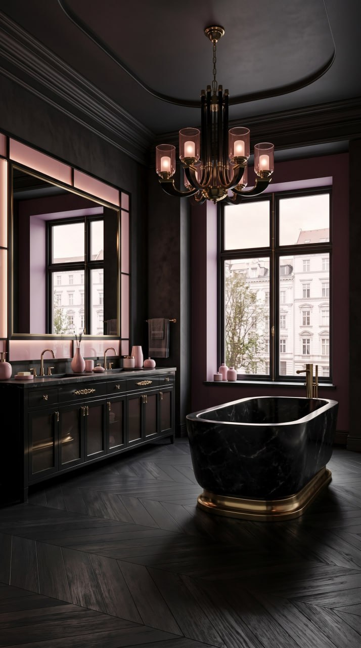 AI-generated Moody Dark Blush bathroom with black marble bathtub, brass base, dramatic black metal chandelier, and near-black charcoal walls