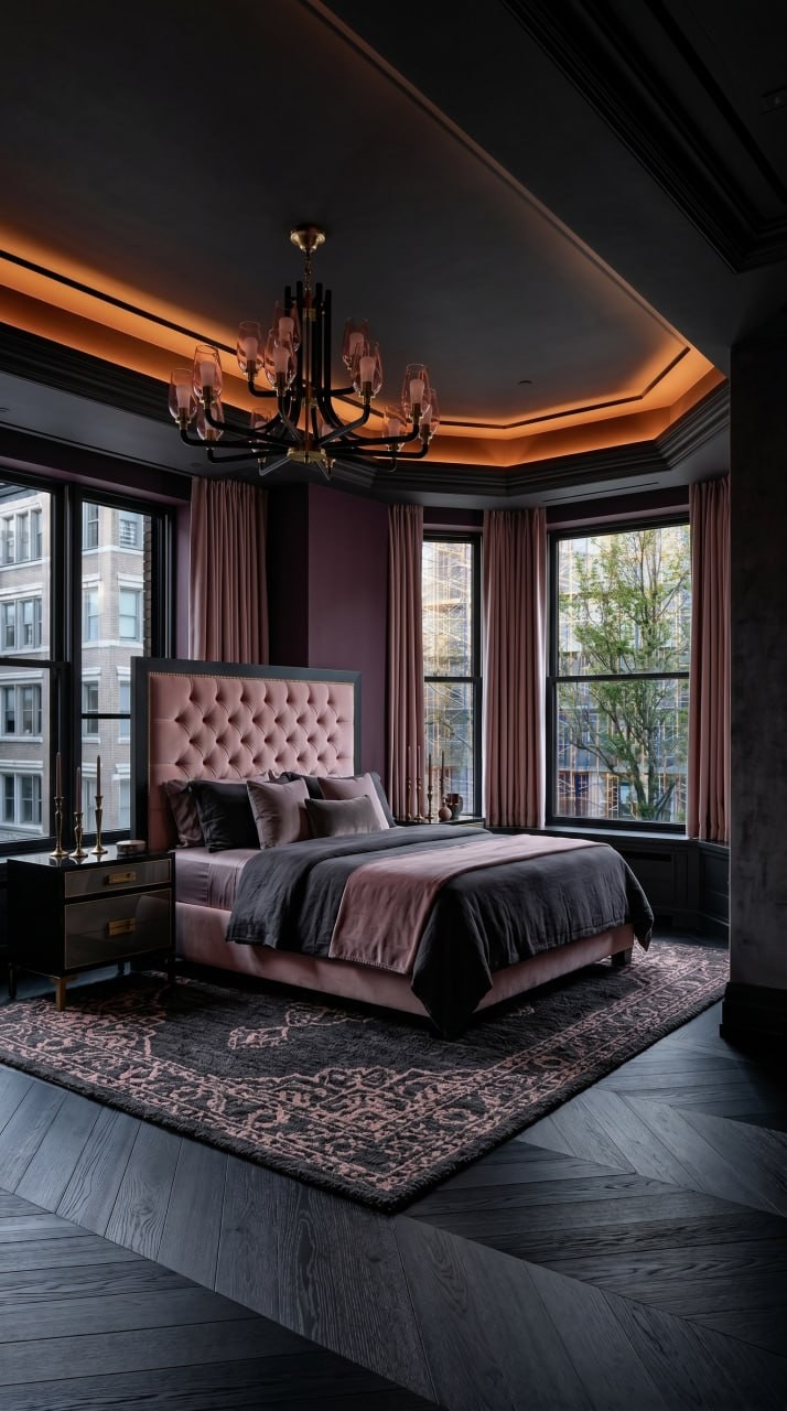 Moody dark blush bedroom with romantic lighting, deep rose tones, and plush textures