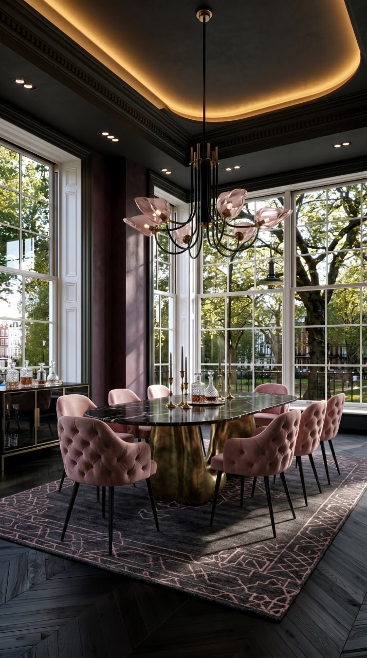 AI-generated Moody Dark Blush dining room with black marble table, blush pink velvet chairs, dramatic black metal chandelier, and near-black charcoal walls