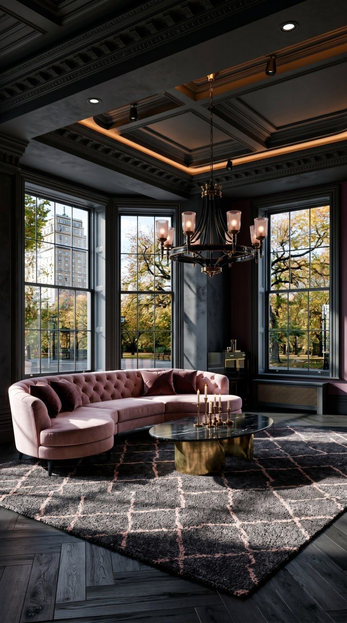 Dark blush moody living room with dramatic lighting, plush seating, and intimate atmosphere