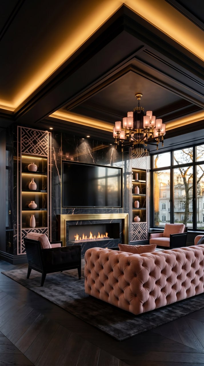 AI-generated Moody Dark Blush media wall with black marble panels, blush veining, dramatic black metal chandelier, and near-black charcoal walls