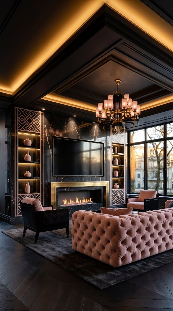 Moody dark blush media wall with dramatic lighting and plush seating