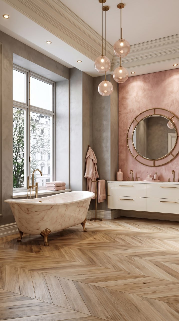 AI-generated Soft Dark Blush bathroom with cream marble bathtub, blush veining, brass legs, cream lacquer vanity, brass globe pendants, and warm grey walls