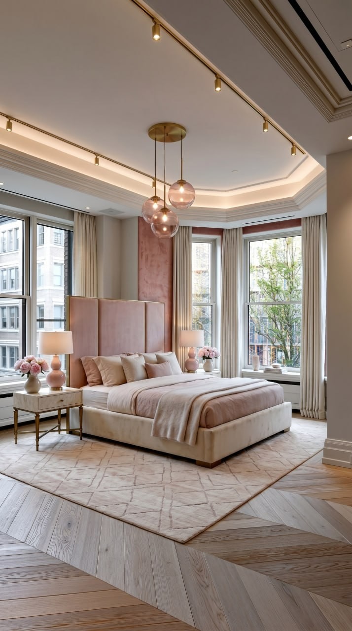 Soft dark blush bedroom with romantic lighting and plush textures