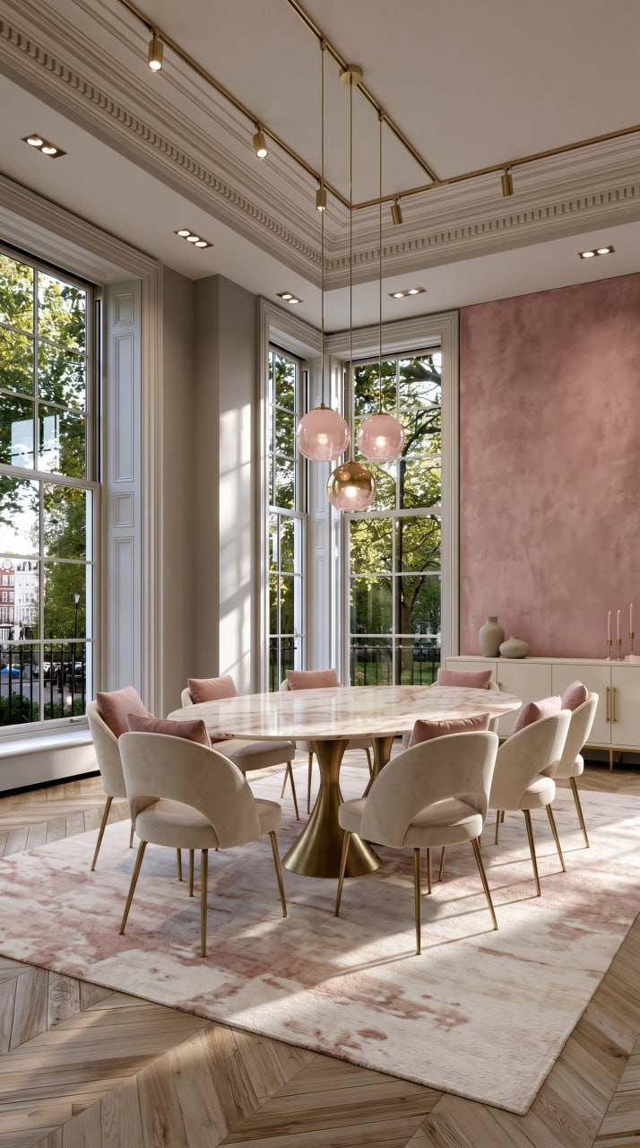 AI-generated Soft Dark Blush dining room with cream marble table, cream velvet chairs, blush pink cushions, brass globe pendants, and warm grey walls