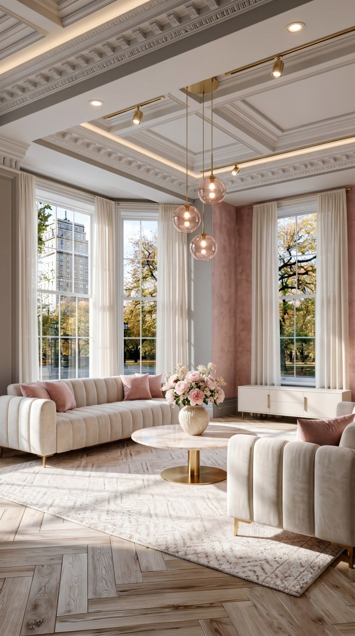 AI-generated Soft Dark Blush living room with cream velvet sofa, blush pink cushions, cream marble coffee table, brass globe pendants, and warm grey walls