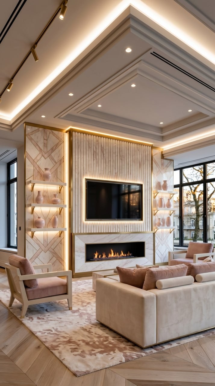 Soft dark blush media wall in a compact living room with gentle lighting
