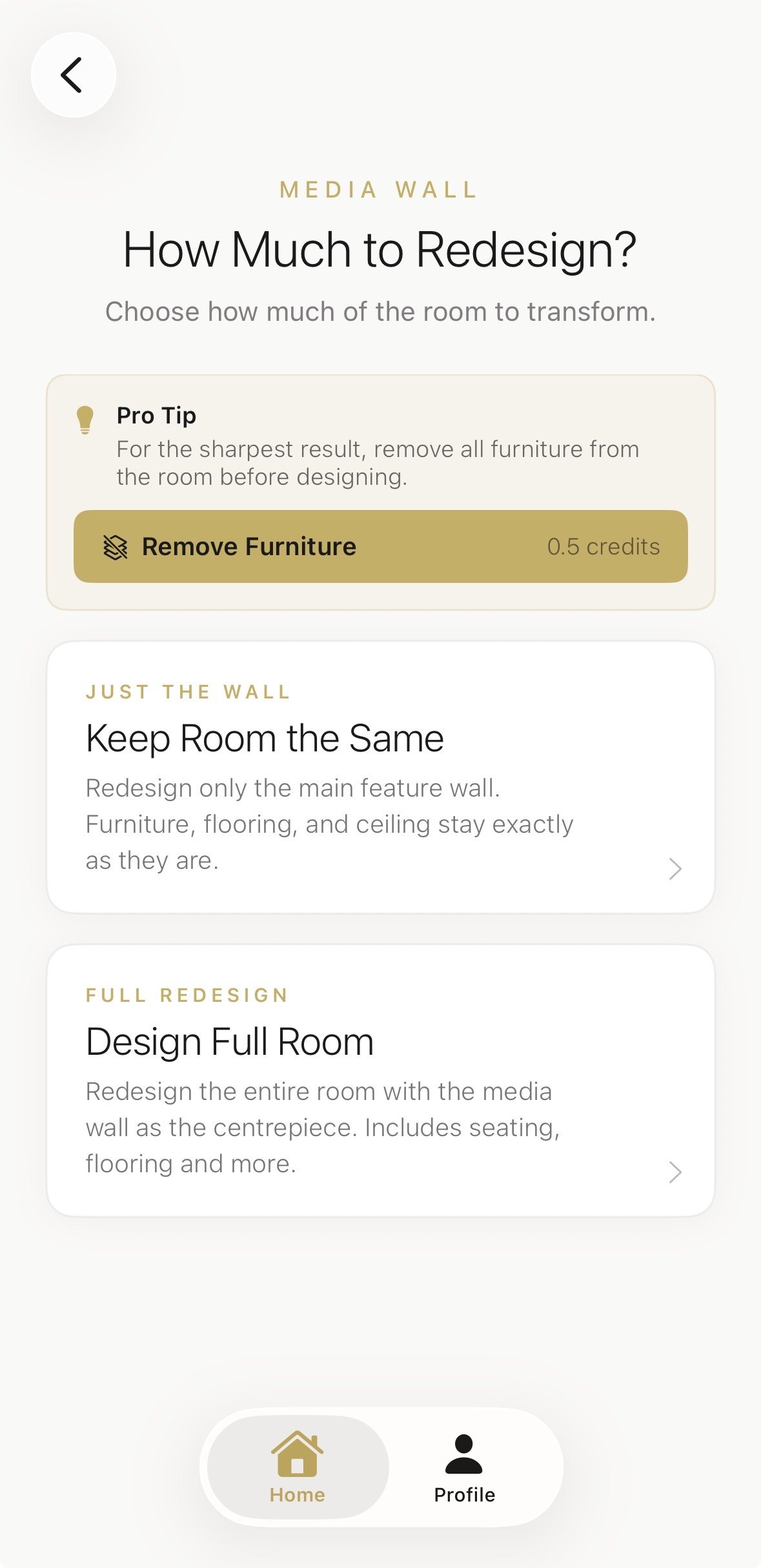 Aspire Interiors app screen showing Design Full Room scope selected with Remove Furniture option