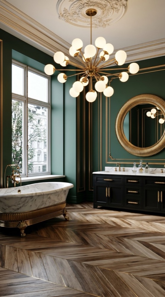 AI-generated Classic Emerald Marble bathroom with white Calacatta marble bathtub, brass ribbed base, black lacquer vanity, and deep forest green walls