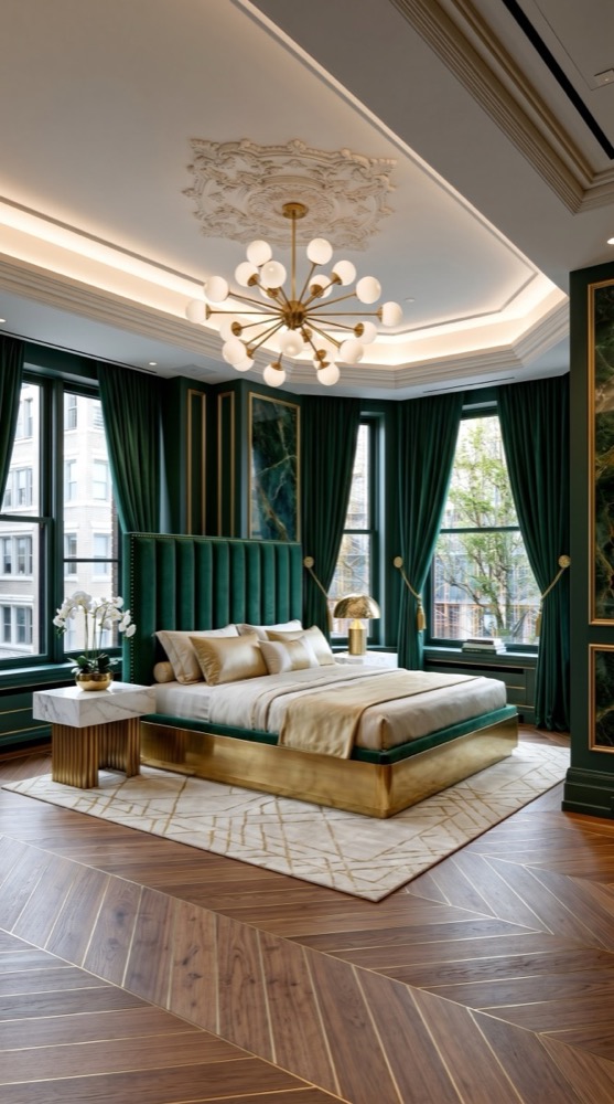 AI-generated Classic Emerald Marble bedroom with emerald green velvet bed, white Calacatta marble nightstands, brass sputnik chandelier, and deep forest green walls