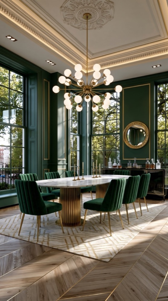 AI-generated Classic Emerald Marble dining room with white Calacatta marble table, emerald green velvet chairs, brass sputnik chandelier, and deep forest green walls