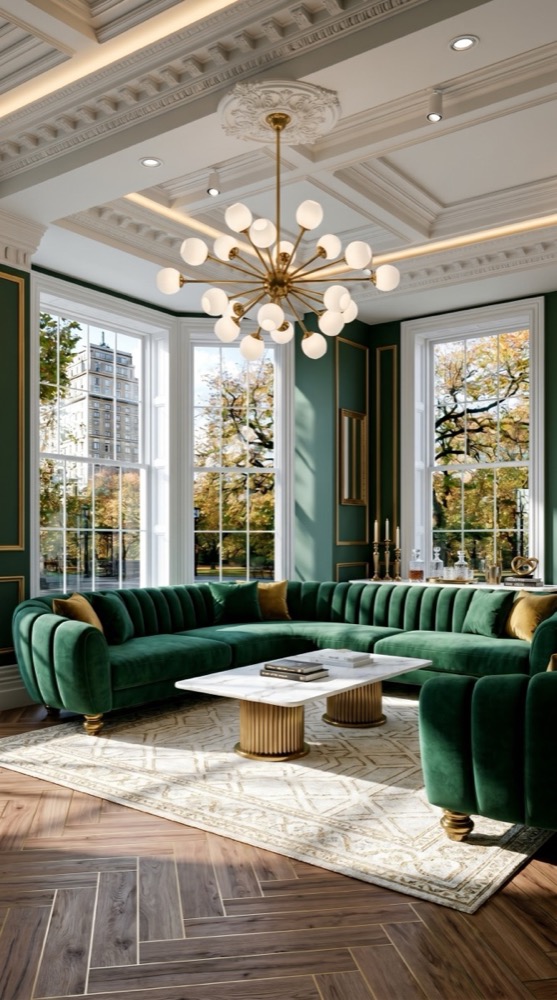 Living room with deep green panelled walls, green velvet chesterfield sofas and ornate ceiling