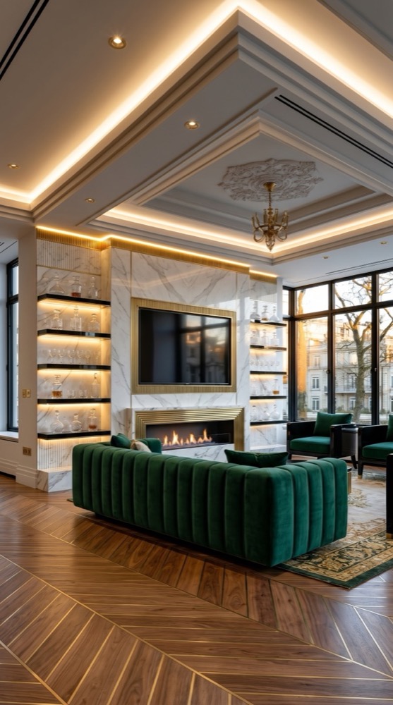 AI-generated Classic Emerald Marble media wall with white Calacatta marble panels, brass ribbed frame, emerald green velvet sofa, and deep forest green walls