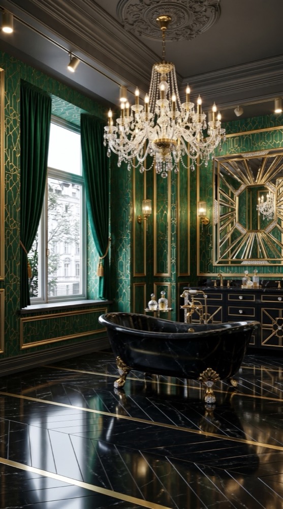 AI-generated Grand Emerald Marble bathroom with black marble bathtub, gold claw feet, crystal chandelier, and gold geometric wallpaper