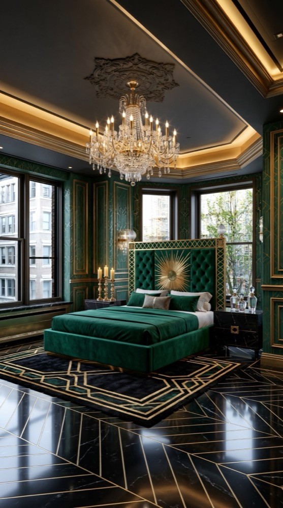 Grand emerald marble bedroom with opulent stone, statement lighting, and luxury proportions