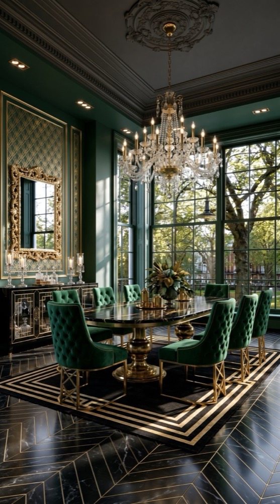 AI-generated Grand Emerald Marble dining room with black marble table, emerald green velvet chairs, crystal chandelier, and gold geometric wallpaper