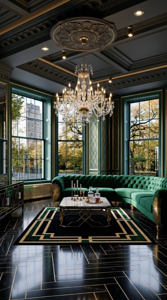 Grand emerald marble living room with statement materials and opulent proportions