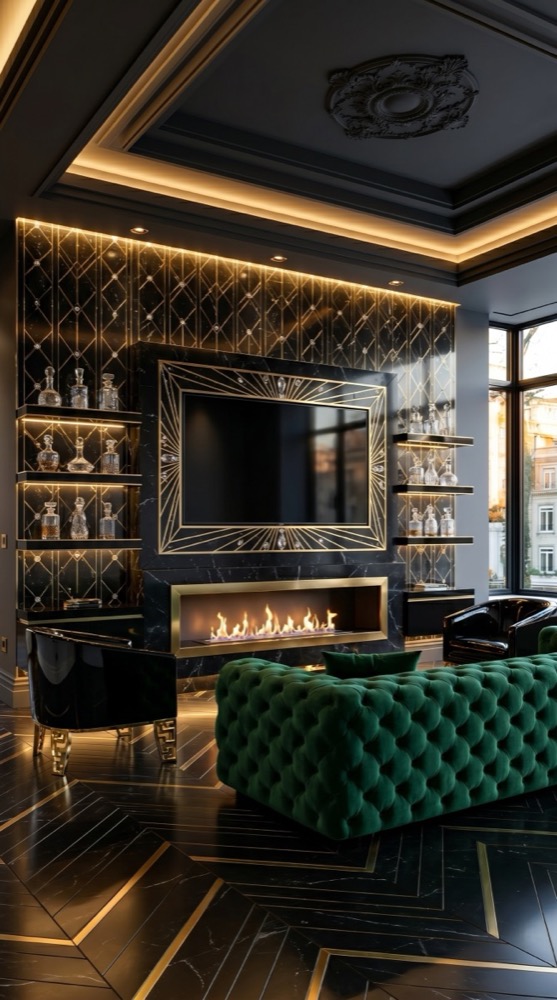 AI-generated Grand Emerald Marble media wall with black marble panels, gold geometric sunburst inlay, emerald green velvet sofa, and crystal chandelier