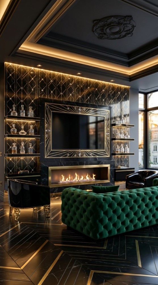 Grand emerald marble media wall with gold detailing and opulent seating