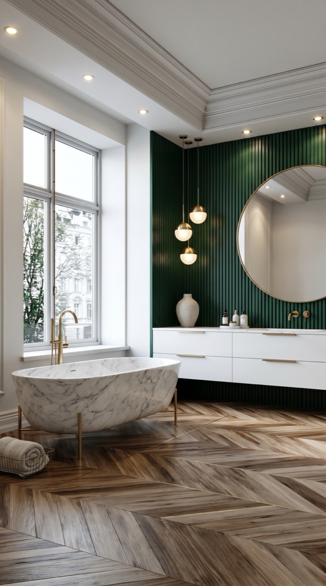 AI-generated Modern Emerald Marble bathroom with white Calacatta marble bathtub with thin brass legs, white lacquer vanity, brass globe pendants, and white walls