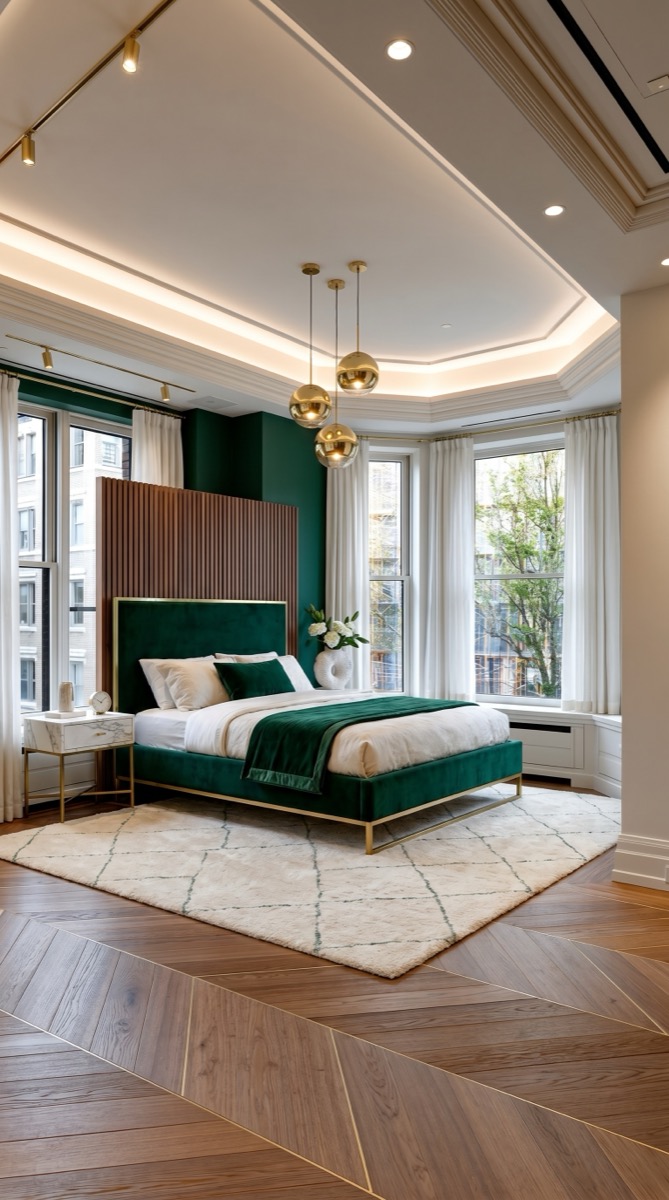 Bedroom with deep green wall, fluted wood screen behind a green velvet bed and brass pendants