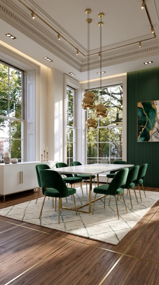 AI-generated Modern Emerald Marble dining room with white Calacatta marble table with thin brass legs, emerald green velvet chairs, brass globe pendants, and white walls