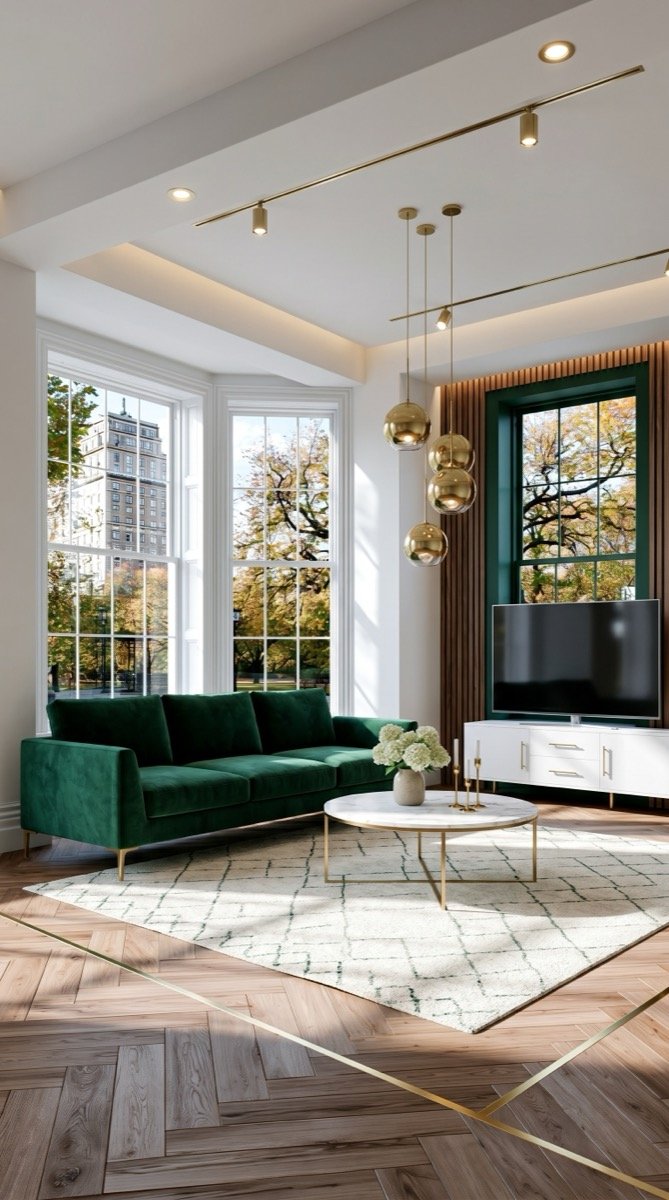 Emerald marble modern living room with statement stone, gold accents, and refined luxury finishes