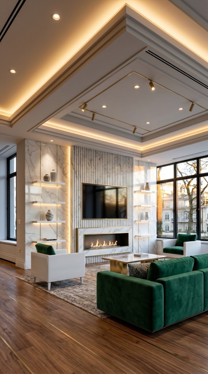 Emerald marble modern media wall with reflective surfaces for a compact room