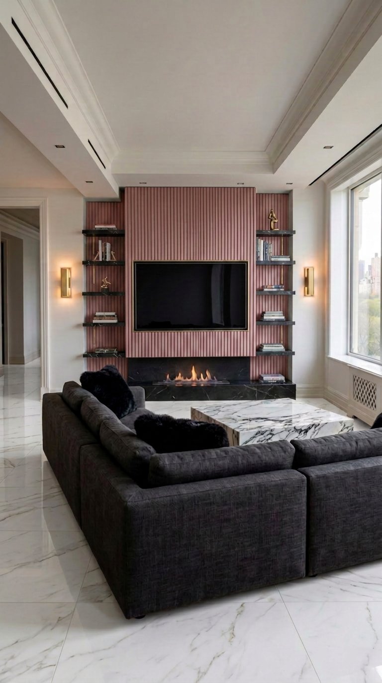 Final AI-generated luxury living room with soft pink fluted media wall panels, brass trim, white marble flooring, and everything else unchanged