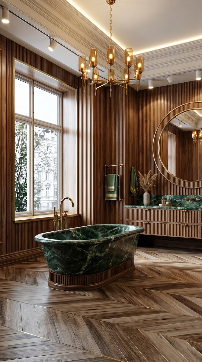 AI-generated Classic Fluted Walnut bathroom with fluted walnut walls, forest green marble bathtub, fluted walnut vanity, and brass chandelier