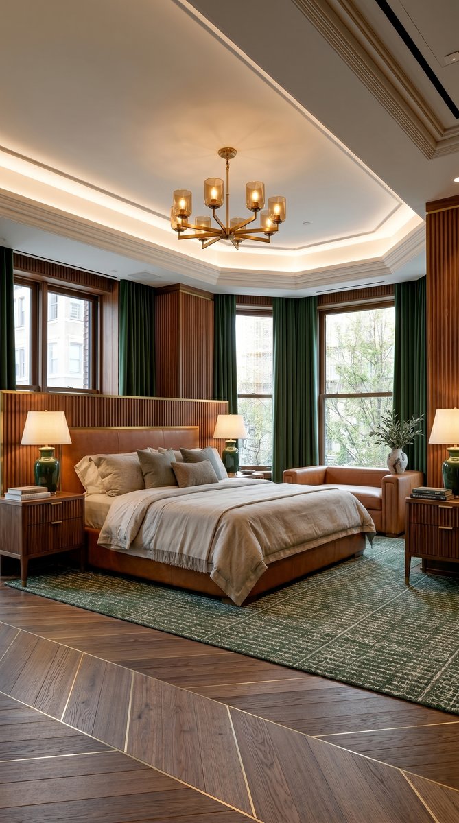 AI-generated Classic Fluted Walnut bedroom with fluted walnut walls, cognac leather bed, forest green marble nightstands, and brass chandelier