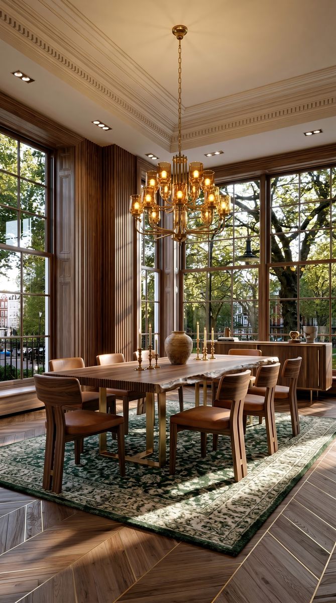 AI-generated Classic Fluted Walnut dining room with fluted walnut walls, rectangular fluted walnut dining table, cognac leather chairs, and brass chandelier