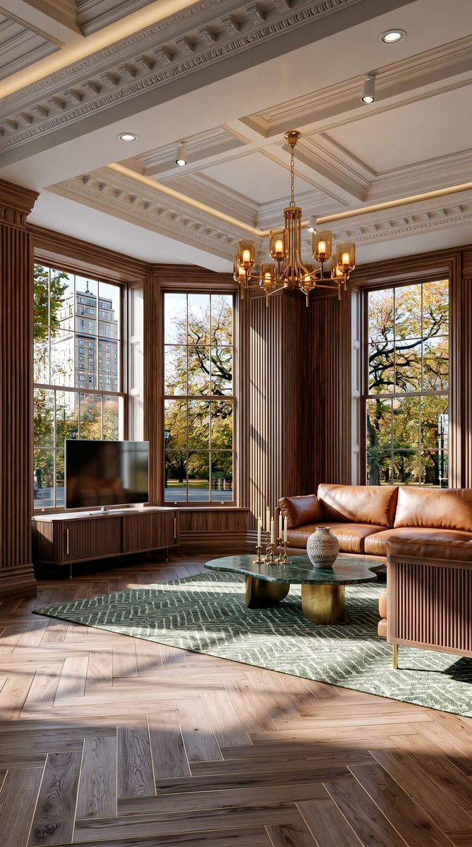 Living room with floor-to-ceiling fluted walnut panel walls, tan leather sofa and green accents
