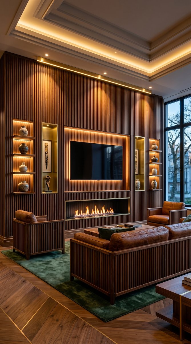 AI-generated Classic Fluted Walnut media wall with fluted walnut panels, 75-inch TV, linear fireplace, and cognac leather sofa