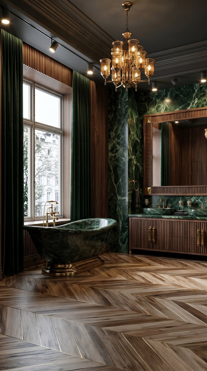 AI-generated Luxe Fluted Walnut bathroom with dark walnut fluted walls, dark forest green marble bathtub, dark walnut vanity, and oversized brass chandelier