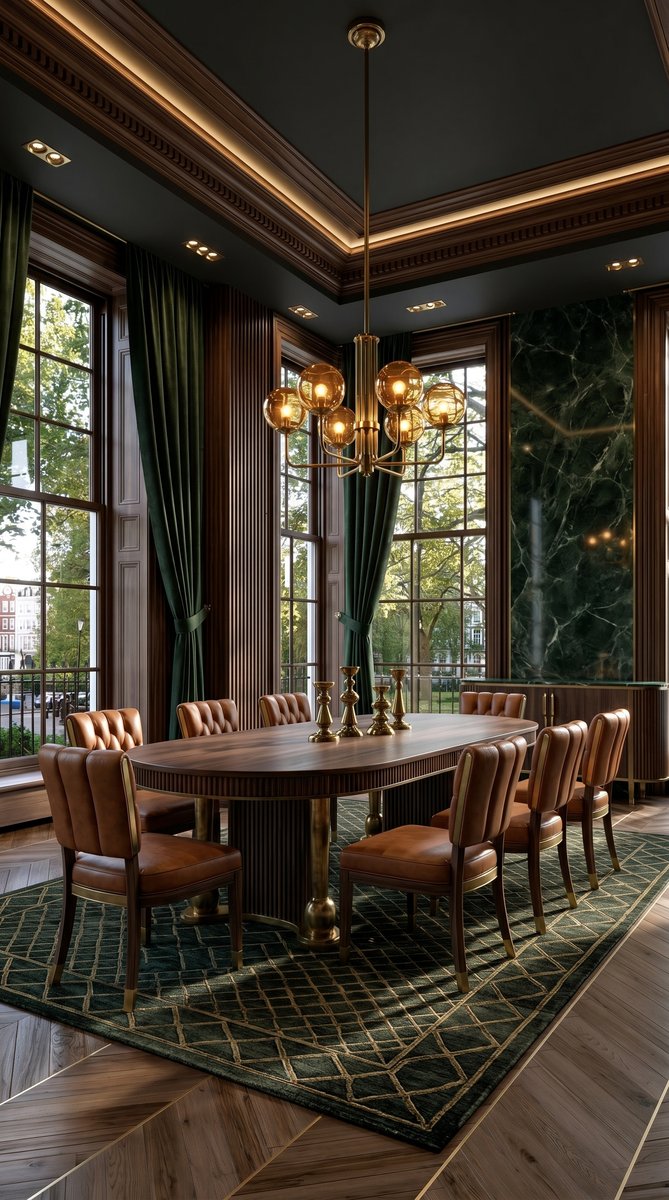 AI-generated Luxe Fluted Walnut dining room with dark walnut fluted walls, oval dark walnut dining table, cognac leather chairs, and oversized brass chandelier