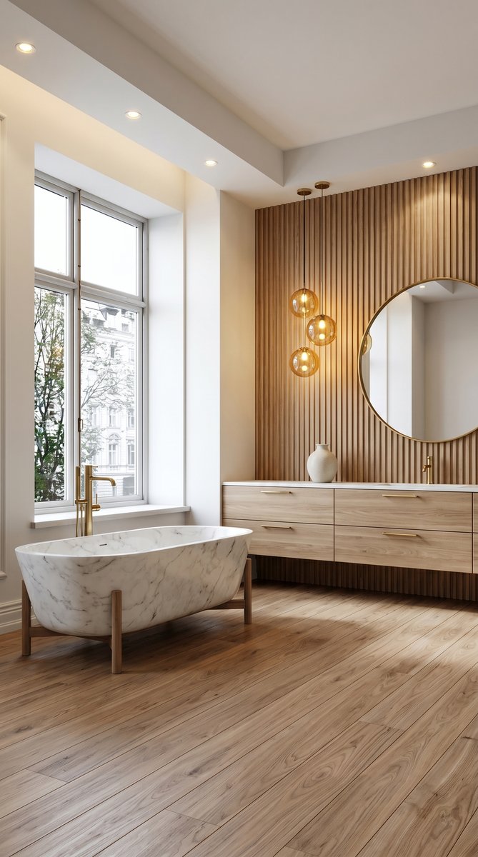 AI-generated Modern Fluted Walnut bathroom with light walnut fluted accent wall, white marble bathtub, light walnut vanity, and brass globe pendant lights