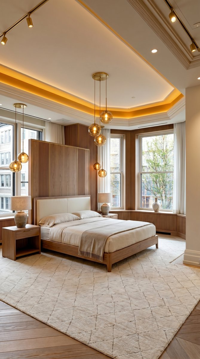 AI-generated Modern Fluted Walnut bedroom with light walnut fluted accent wall, cream leather bed, white marble nightstands, and brass globe pendant lights